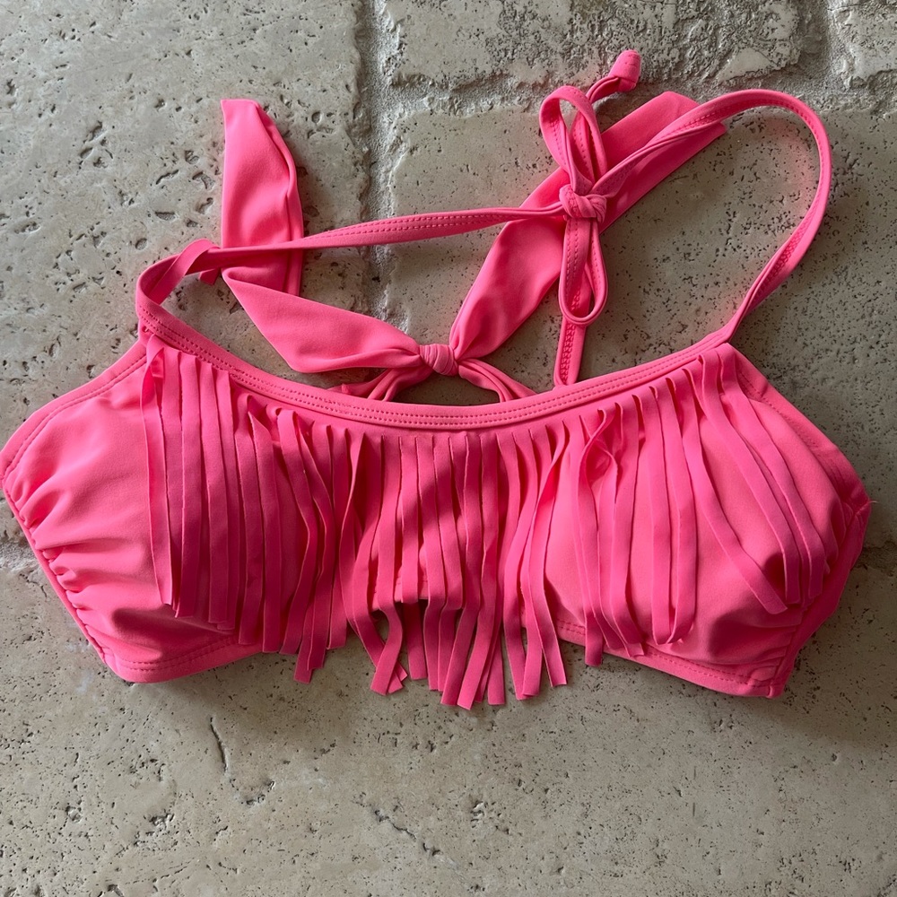 One coral fringe bikini top